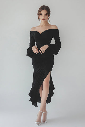 Black Chiffon Ruffled Sheath Long Sleeves Formal Dress with Slit